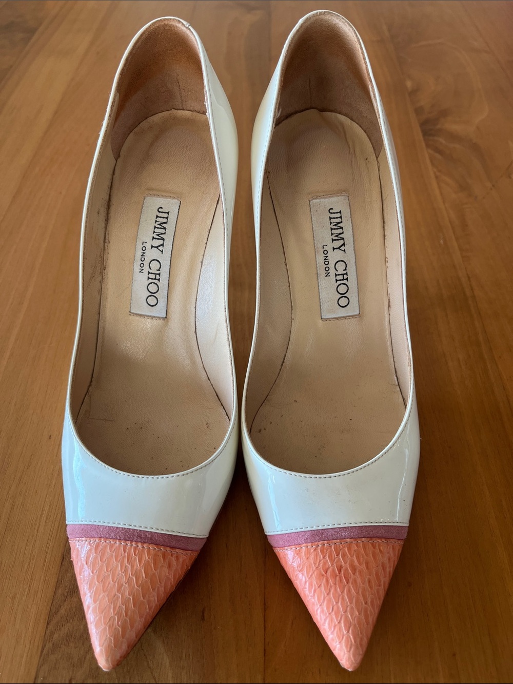 Jimmy Choo White Patent Leather Pumps with Coral Snakeskin Pointed Toe